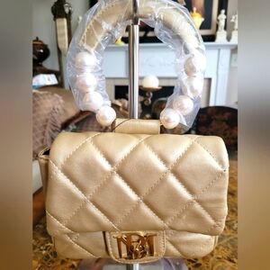 Badgley MISCHKA Elegant Gold Quilted Handbag W/PEARL HANDLE